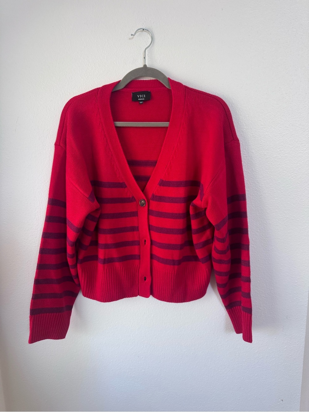 Vici Red Cardigan with Navy Stripe Detail